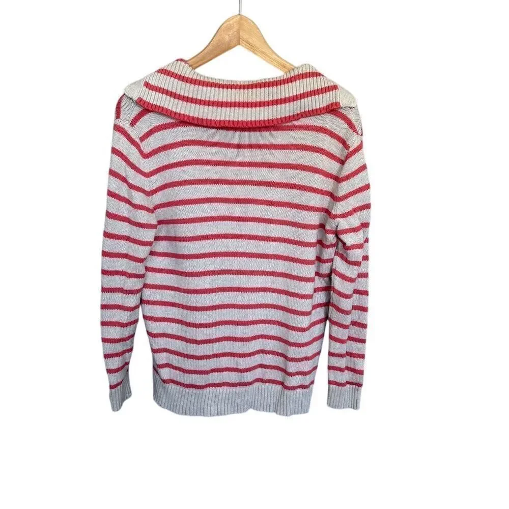 Talbots Women's Petite Striped V-Neck Hoodie Sweater Size M